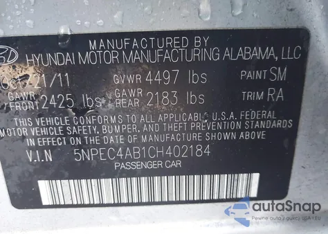 2012 Hyundai Sonata Se 2.0T из США, поврежденный, VIN 5NPEC4AB1CH402184